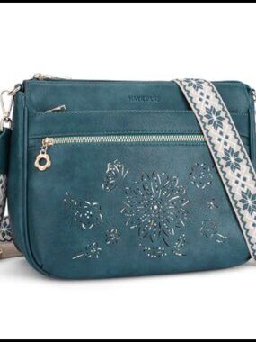 Vegan Leather Crossbody Bag Medium Purse Multi-Pocket Guitar Strap